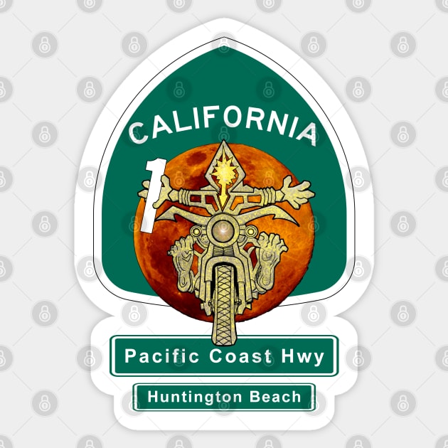 Motorcyclist On Pacific Coast Highway1 Huntington Beach Sunset Sticker by The Witness